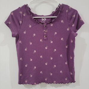 Y2K So Top Size Juniors‎ XL Purple Floral Retro Henley Baby Tee